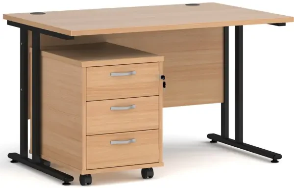 Dams Maestro 25 Rectangular Desk with Twin Cantilever Legs and 3 Drawer Mobile Pedestal - 1200 x 800mm - Beech