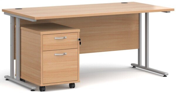 Dams Maestro 25 Rectangular Desk with Twin Canitlever Legs and 2 Drawer Mobile Pedestal - 1600 x 800mm - Beech