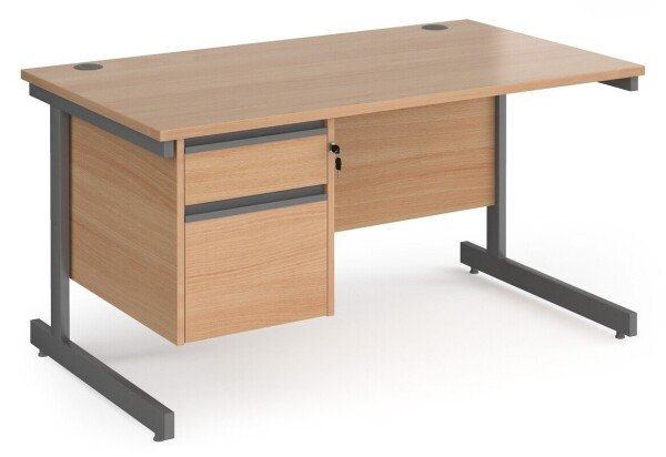 Dams Contract 25 Rectangular Desk with Single Cantilever Legs and 2 Drawer Fixed Pedestal - 1400 x 800mm - Beech