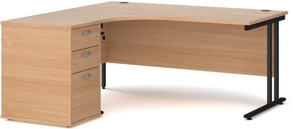 Dams Maestro 25 Corner Desk with Twin Cantilever Legs - 1600 x 1200mm & Desk High Pedestal - Beech