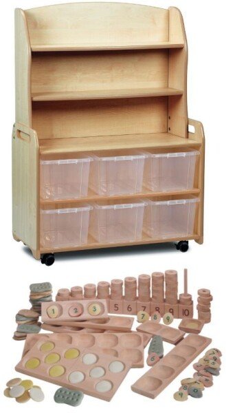 Millhouse Mobile Welsh Dresser Display Storage with 6 Clear Tubs & Indoor Maths Kit