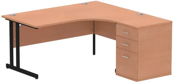 Dynamic Impulse Corner Desk with Cantilever Leg and 600mm Desk High Pedestal - 1400 x 1200mm - Beech