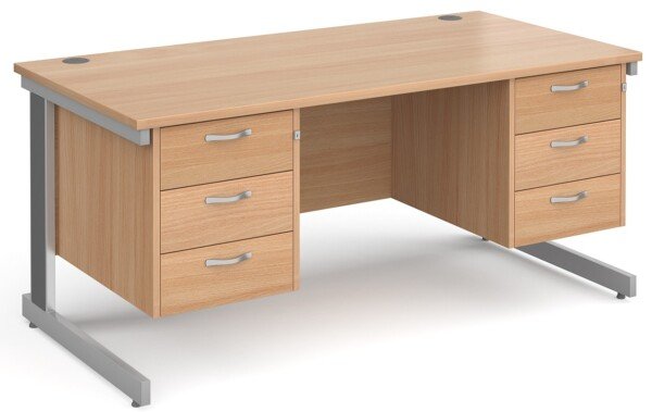 Gentoo Rectangular Desk with Cable Managed Legs, 3 and 3 Drawer Fixed Pedestals - 1600mm x 800mm - Beech