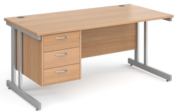 Gentoo Rectangular Desk with Twin Cantilever Legs and 3 Drawer Fixed Pedestal - 1600 x 800mm - Beech