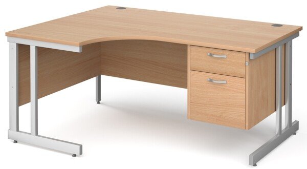 Gentoo Corner Desk with 2 Drawer Pedestal and Double Upright Leg 1600 x 1200mm - Beech
