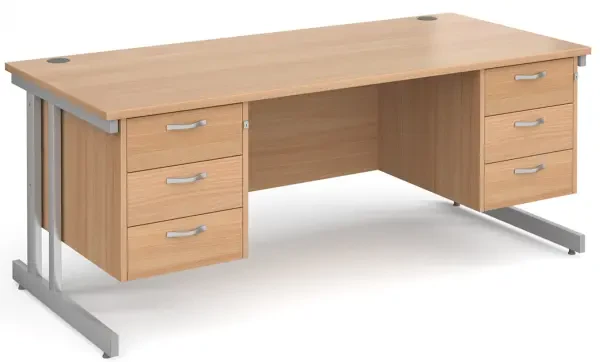 Gentoo Rectangular Desk with Twin Cantilever Legs, 3 and 3 Drawer Fixed Pedestals - 1800 x 800mm - Beech