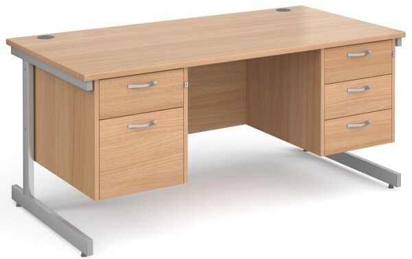 Gentoo Rectangular Desk with Single Cantilever Legs, 2 and 3 Drawer Fixed Pedestals - 1600mm x 800mm - Beech