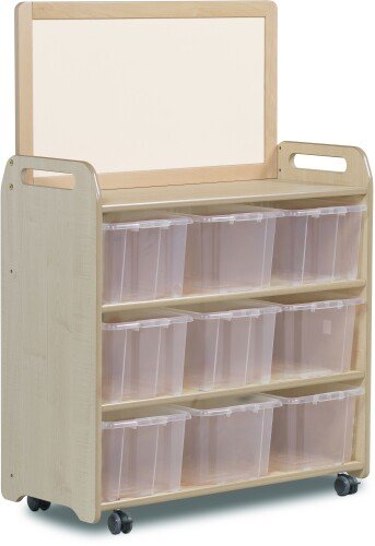 Millhouse Mobile Shelf Unit With Top Magnetic Whiteboard Add-on And 9 Clear Tubs