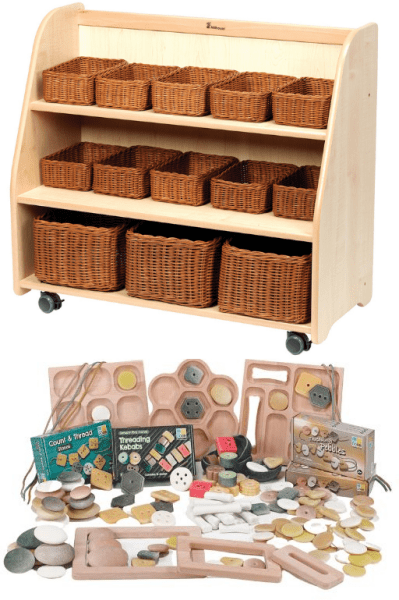 Millhouse Mobile Tiered Shelf Unit with Mirror Back & Baskets Plus Indoor Maths Kit