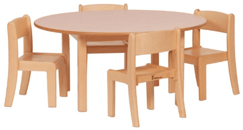 Millhouse Medium Circular Table + 4 Beech Stacking Chairs