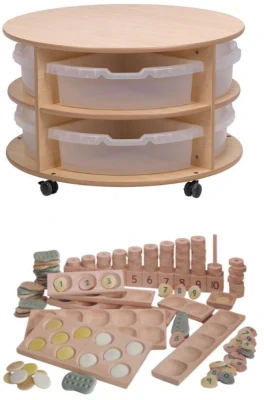 Millhouse Double Tier Mobile Circular Storage Unit Plus Clear Tubs & Indoor Maths Kit
