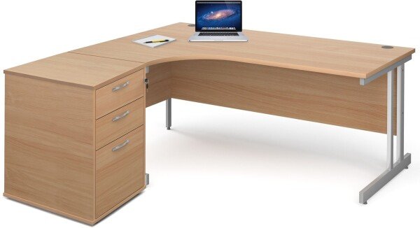 Gentoo Corner Desk with Twin Cantilever Legs - 1800 x 1200mm & Desk High Pedestal - Beech